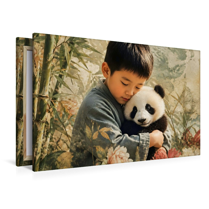 Sanfte Begegnung im Bambuswald. Chinesischer Junge & Pandababy