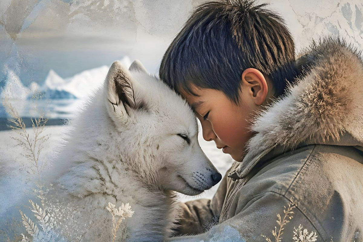 Vertrauen im ewigen Eis. Inuit-Junge & Polarwolfwelpe