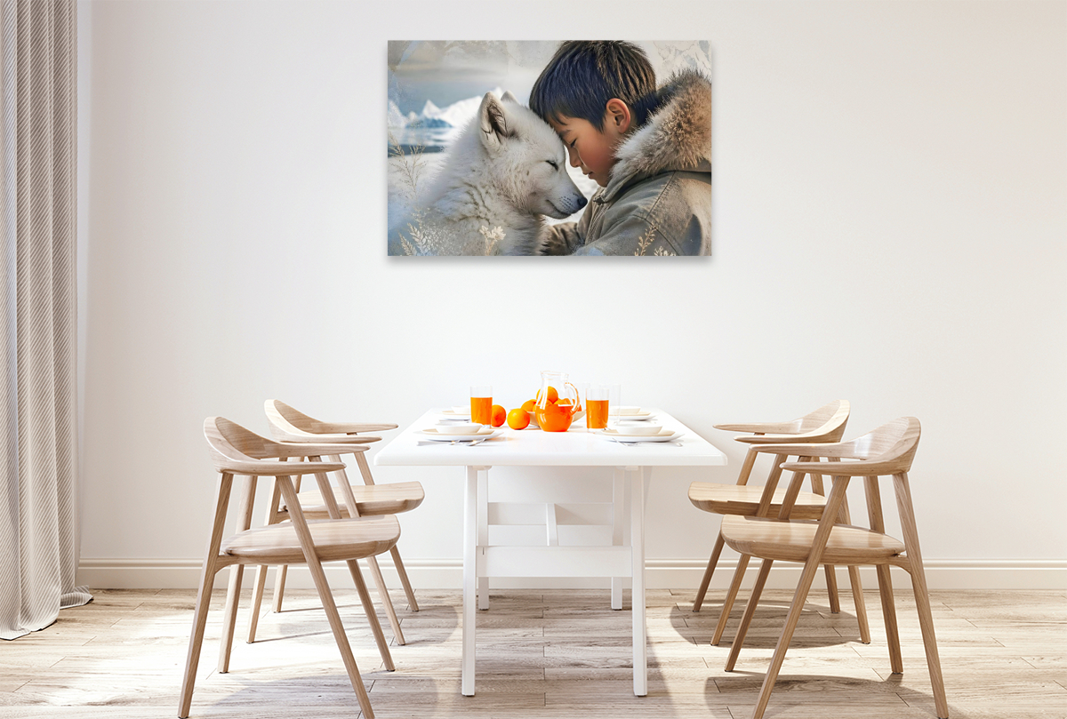 Vertrauen im ewigen Eis. Inuit-Junge & Polarwolfwelpe