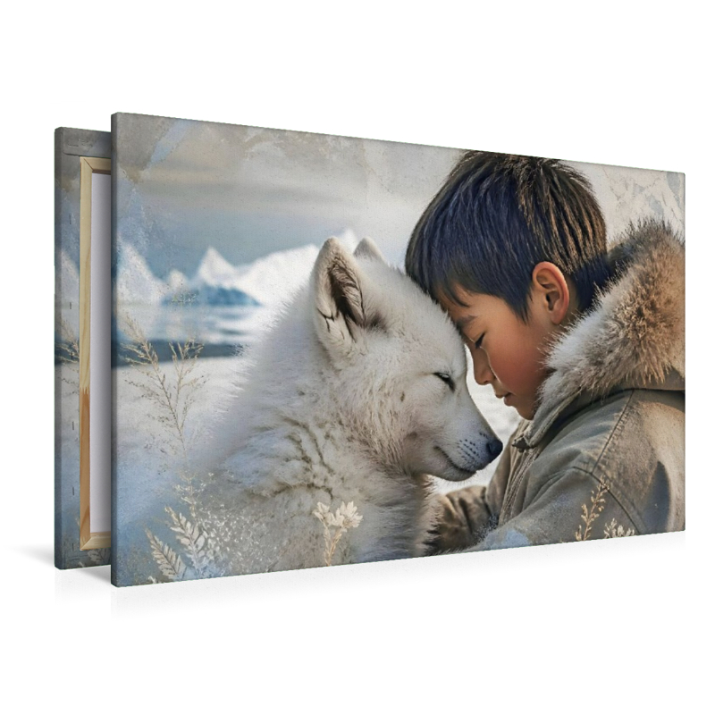 Vertrauen im ewigen Eis. Inuit-Junge & Polarwolfwelpe