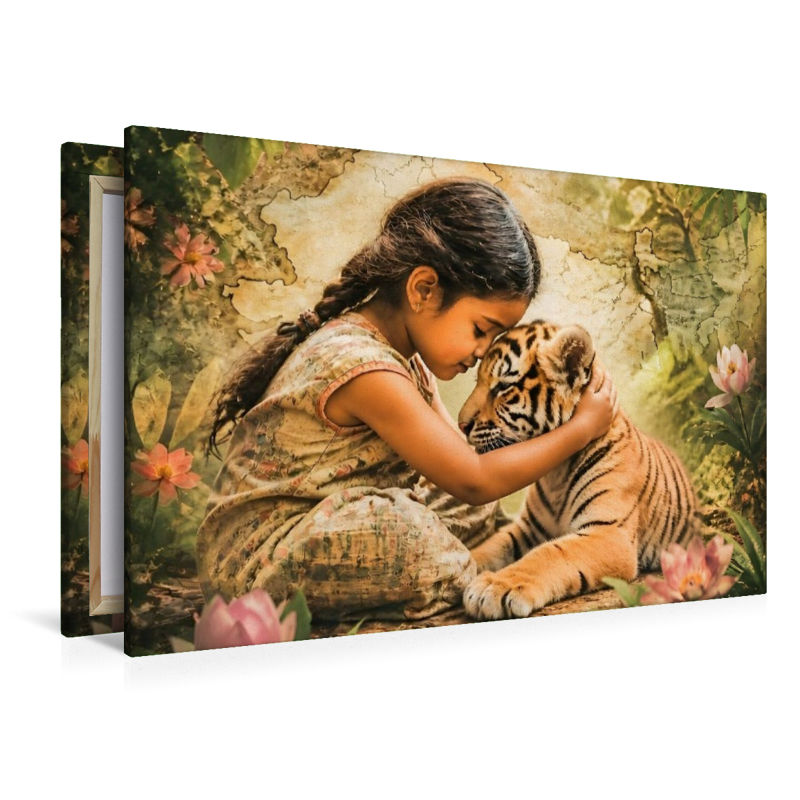 Vertrauen im Dschungel. Indisches Mädchen & Tigerjunges