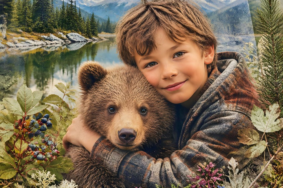 Freunde der Wildnis. Kanadischer Junge & Bärenjunges