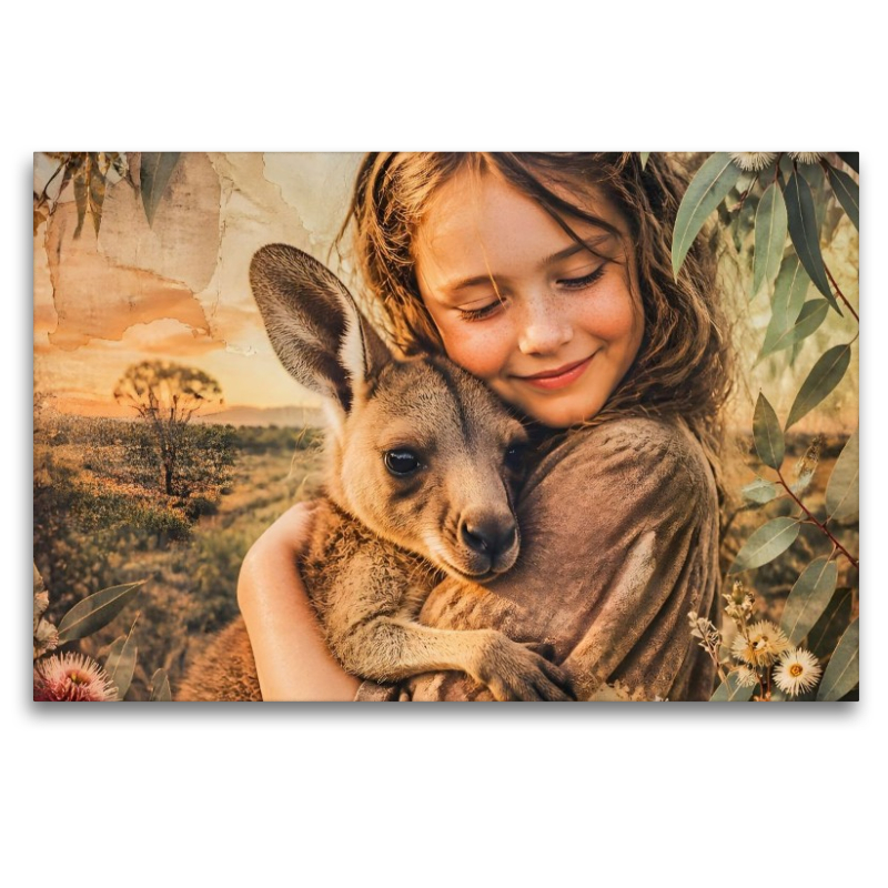 Geborgen im Outback. Australisches Mädchen & Kängurubaby