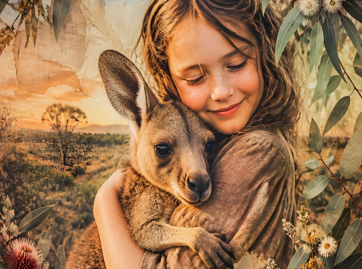 Geborgen im Outback. Australisches Mädchen & Kängurubaby