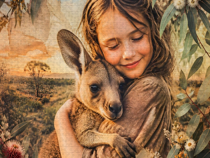 Geborgen im Outback. Australisches Mädchen & Kängurubaby