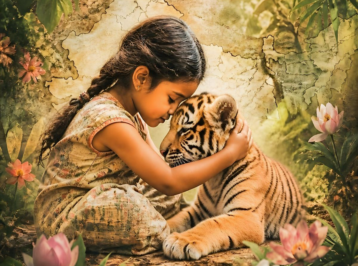 Vertrauen im Dschungel. Indisches Mädchen & Tigerjunges