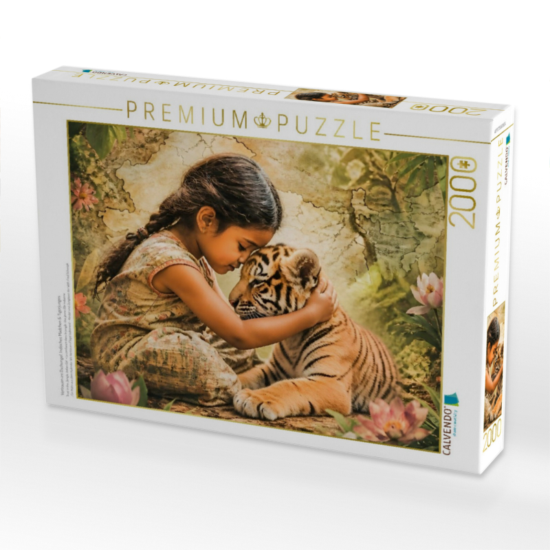 Vertrauen im Dschungel. Indisches Mädchen & Tigerjunges