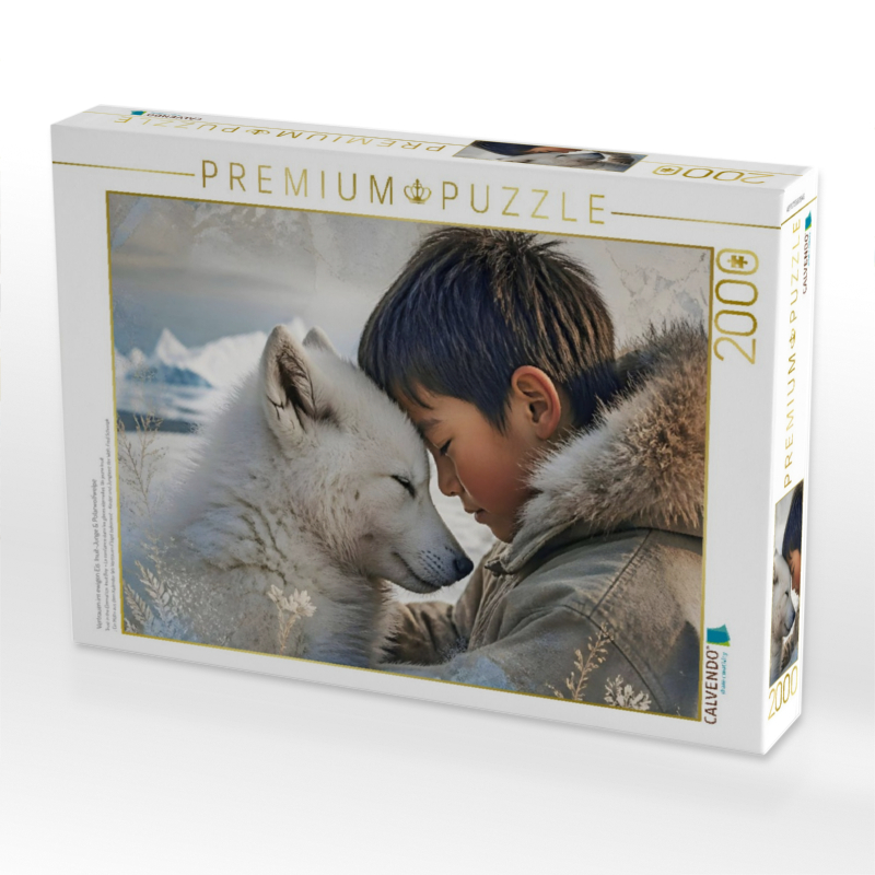 Vertrauen im ewigen Eis. Inuit-Junge & Polarwolfwelpe