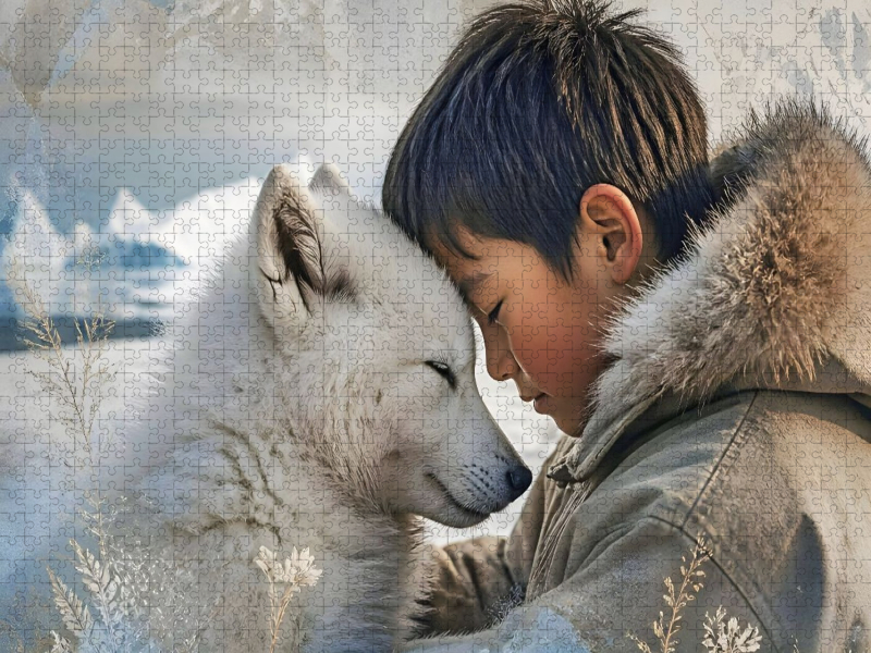 Vertrauen im ewigen Eis. Inuit-Junge & Polarwolfwelpe
