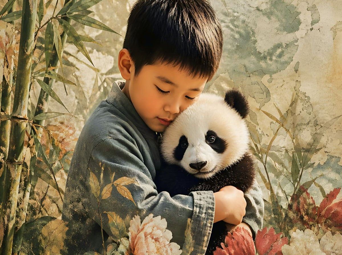 Sanfte Begegnung im Bambuswald. Chinesischer Junge & Pandababy
