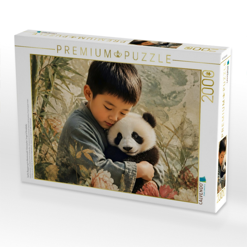 Sanfte Begegnung im Bambuswald. Chinesischer Junge & Pandababy