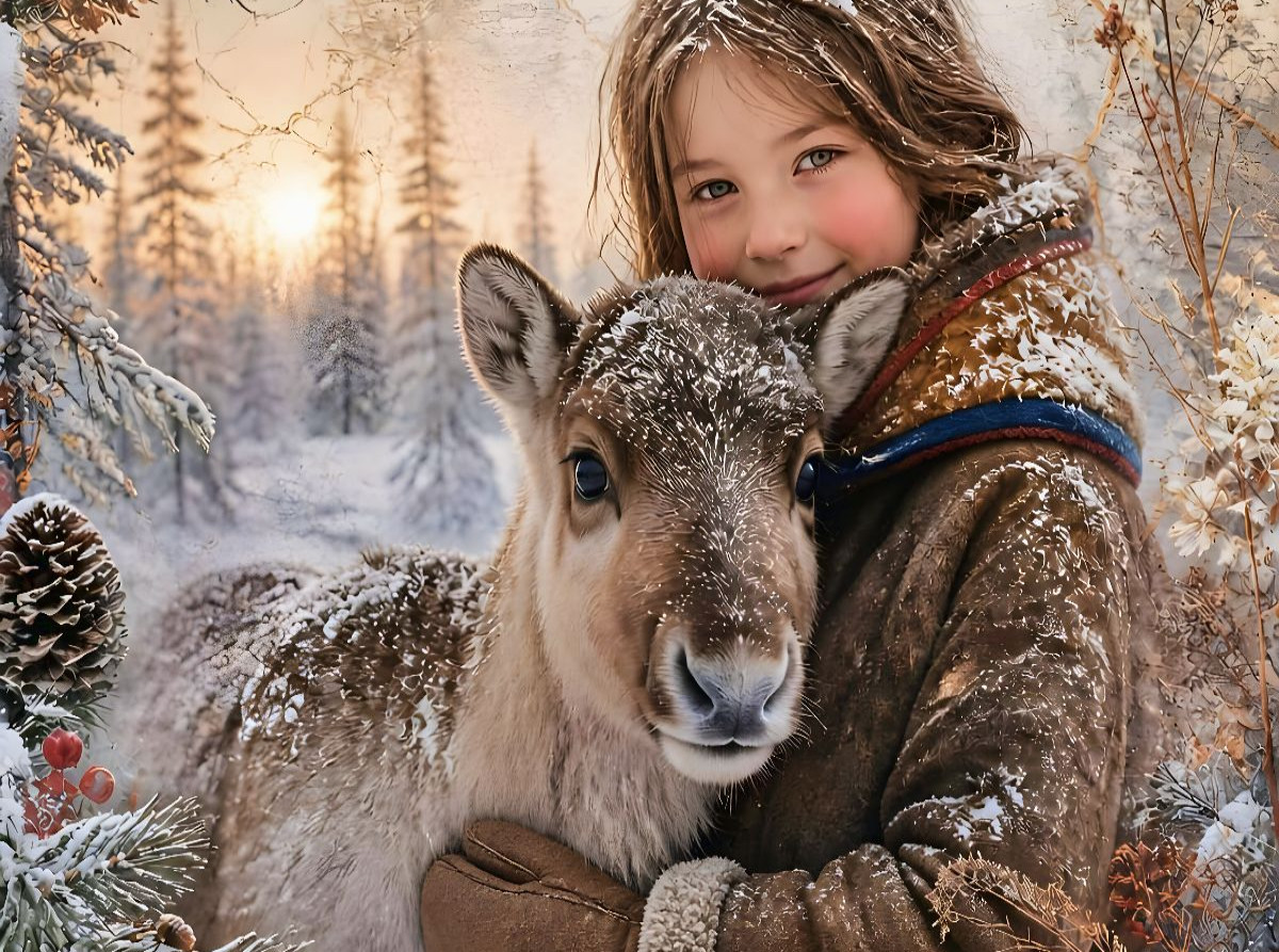 Sámi-Mädchen & Rentierkalb. Freundschaft im Winterwald