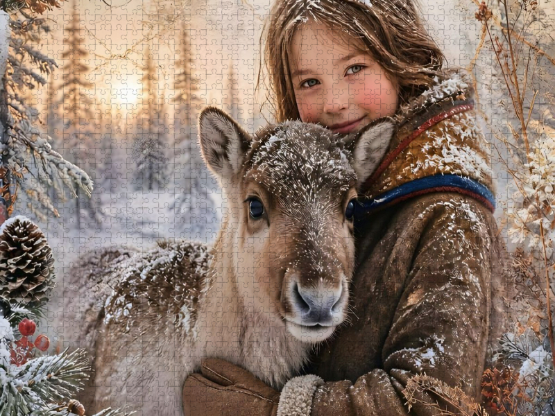 Sámi-Mädchen & Rentierkalb. Freundschaft im Winterwald