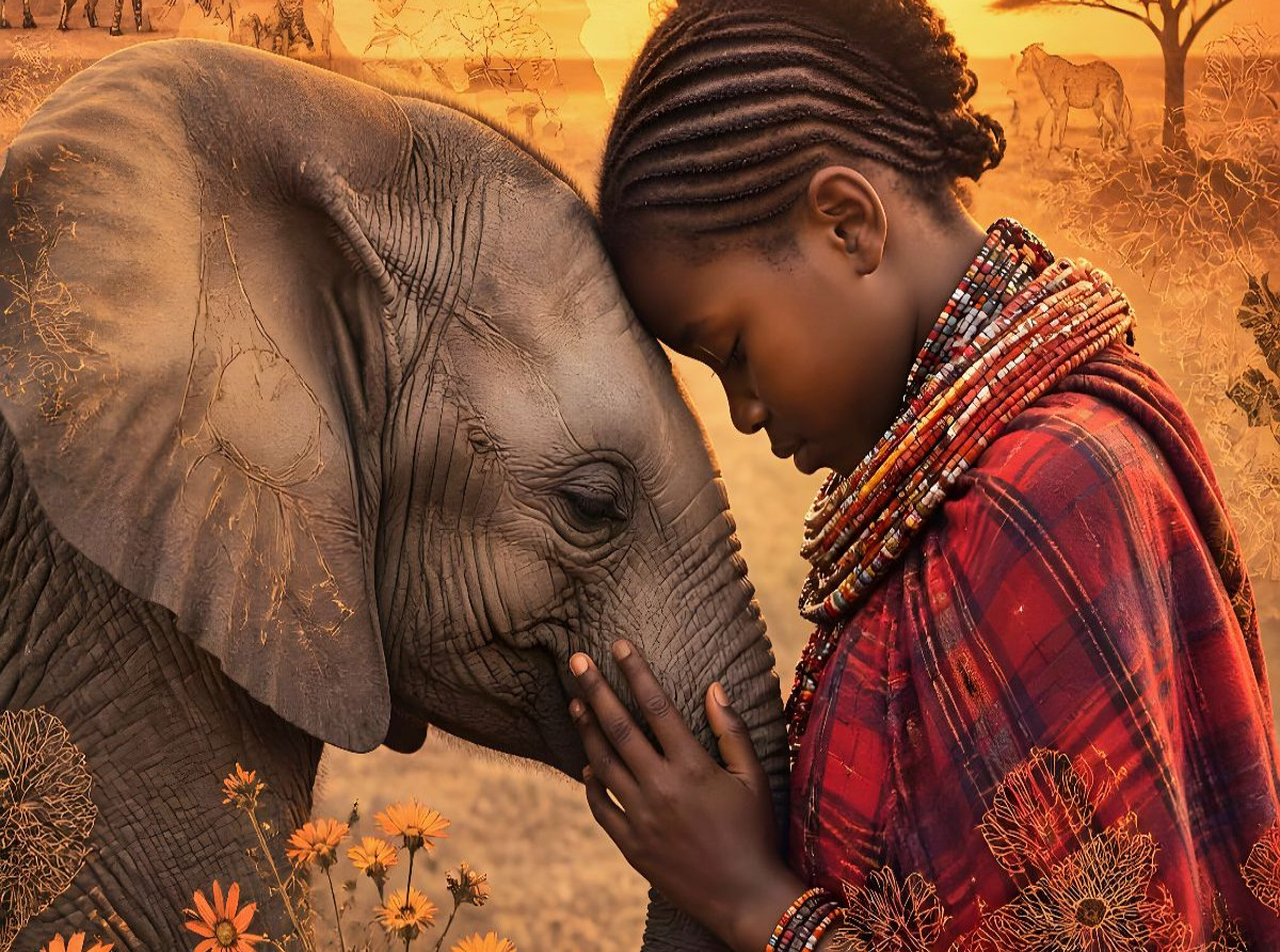 Herzen der Savanne. Massai-Mädchen & Elefantenkalb