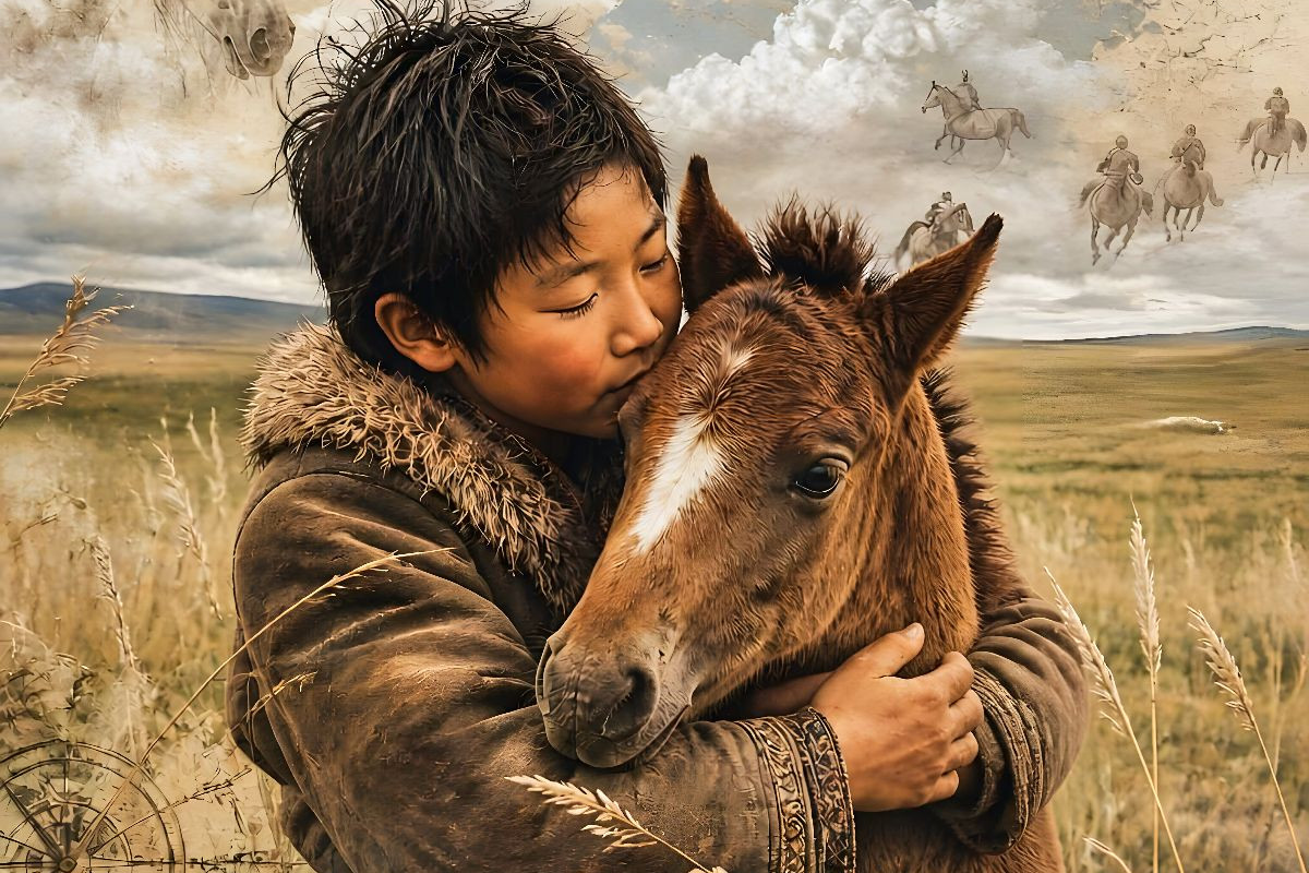 Mongolischer Junge & Pferdefohlen. Verbundene Freiheit
