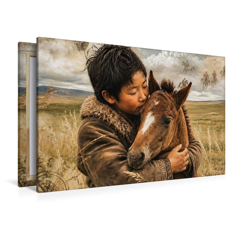 Mongolischer Junge & Pferdefohlen. Verbundene Freiheit