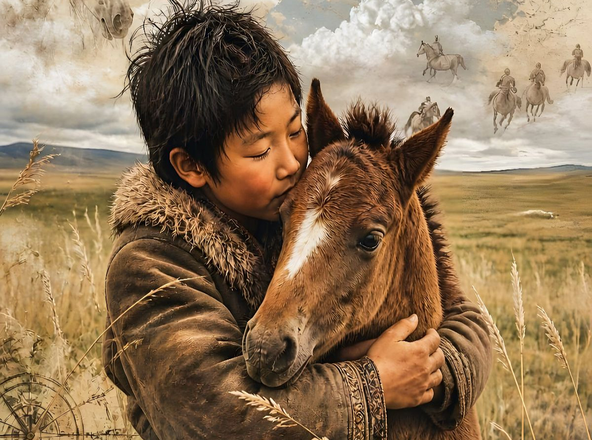 Mongolischer Junge & Pferdefohlen. Verbundene Freiheit