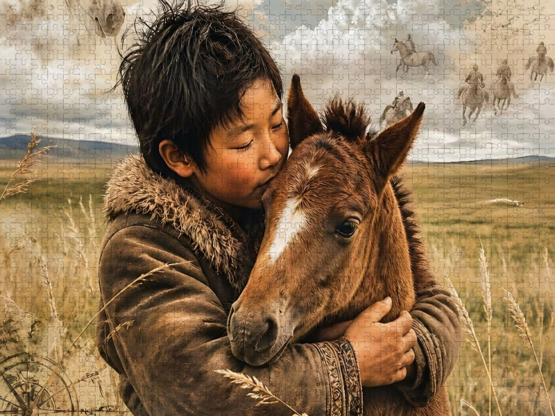 Mongolischer Junge & Pferdefohlen. Verbundene Freiheit