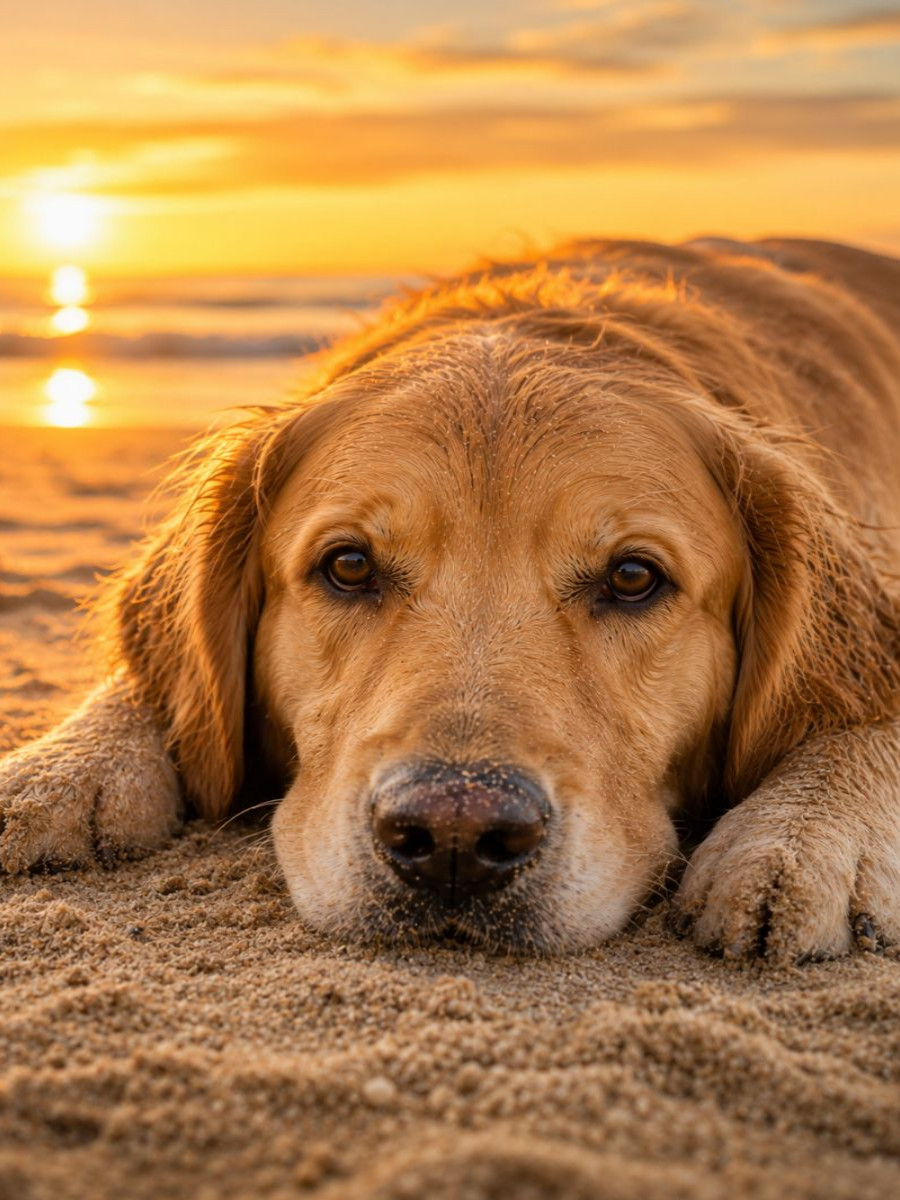 Golden Retriever am Strand – Sonnenuntergang voller Ruhe