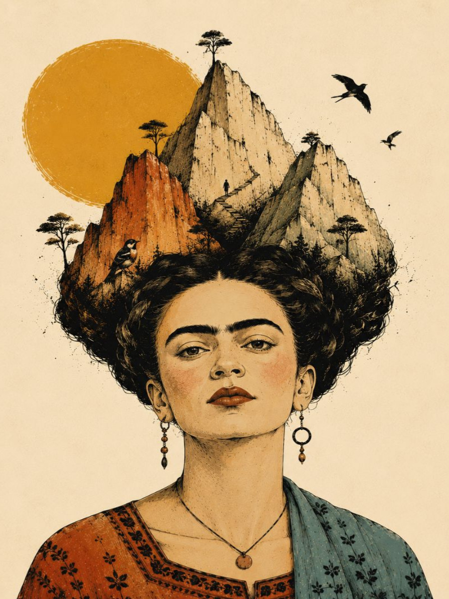 Boho Bergfrau – Vintage Leinwandbild  Surreales Frauenporträt  Boho Wandkunst