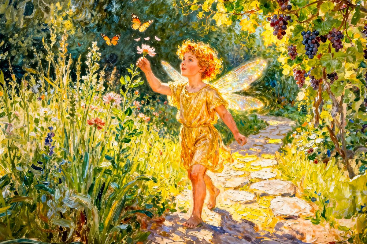 Eros – Griechischer Liebesgott als Kind im Garten