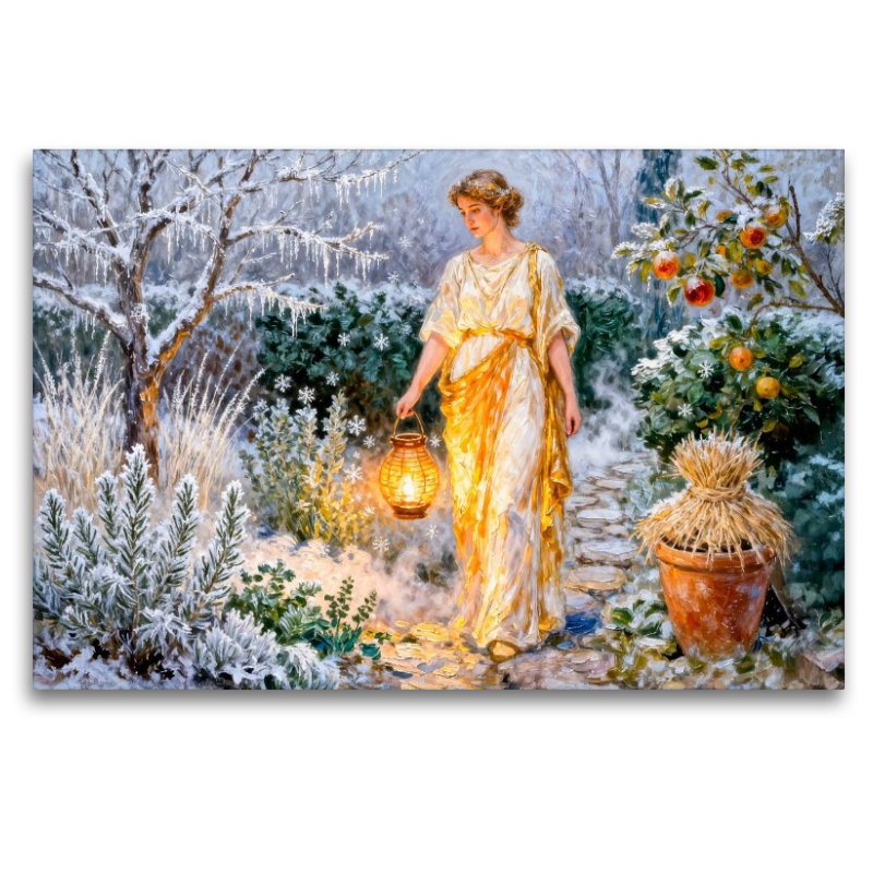 Hestia – Griechische Göttin des Herdfeuers im winterlichen Garten