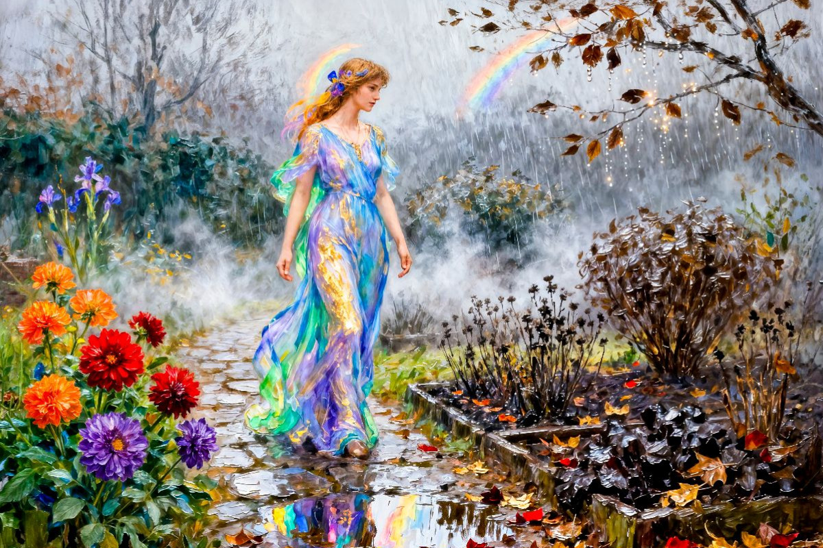 Iris – Griechische Göttin des Regenbogens im Herbstregen