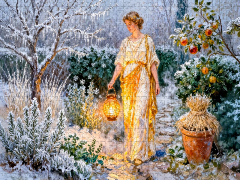 Hestia – Griechische Göttin des Herdfeuers im winterlichen Garten