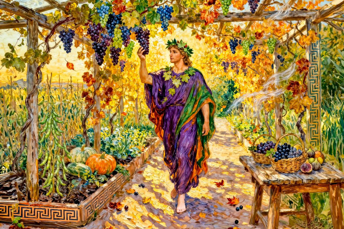 Dionysos – Griechischer Gott der Weinreben im Weinlaubgang