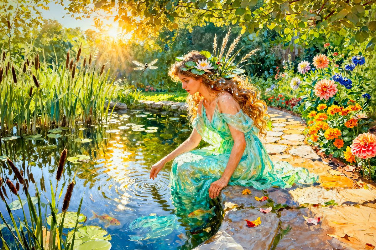 Naiade – Nymphe der Quellen im lichten Wassergarten