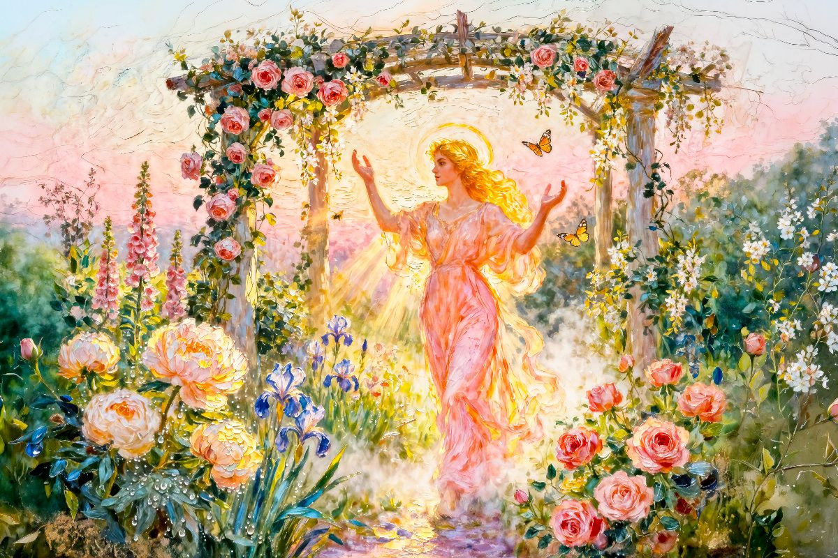 Eos – Griechische Göttin der Morgenröte im Rosengarten