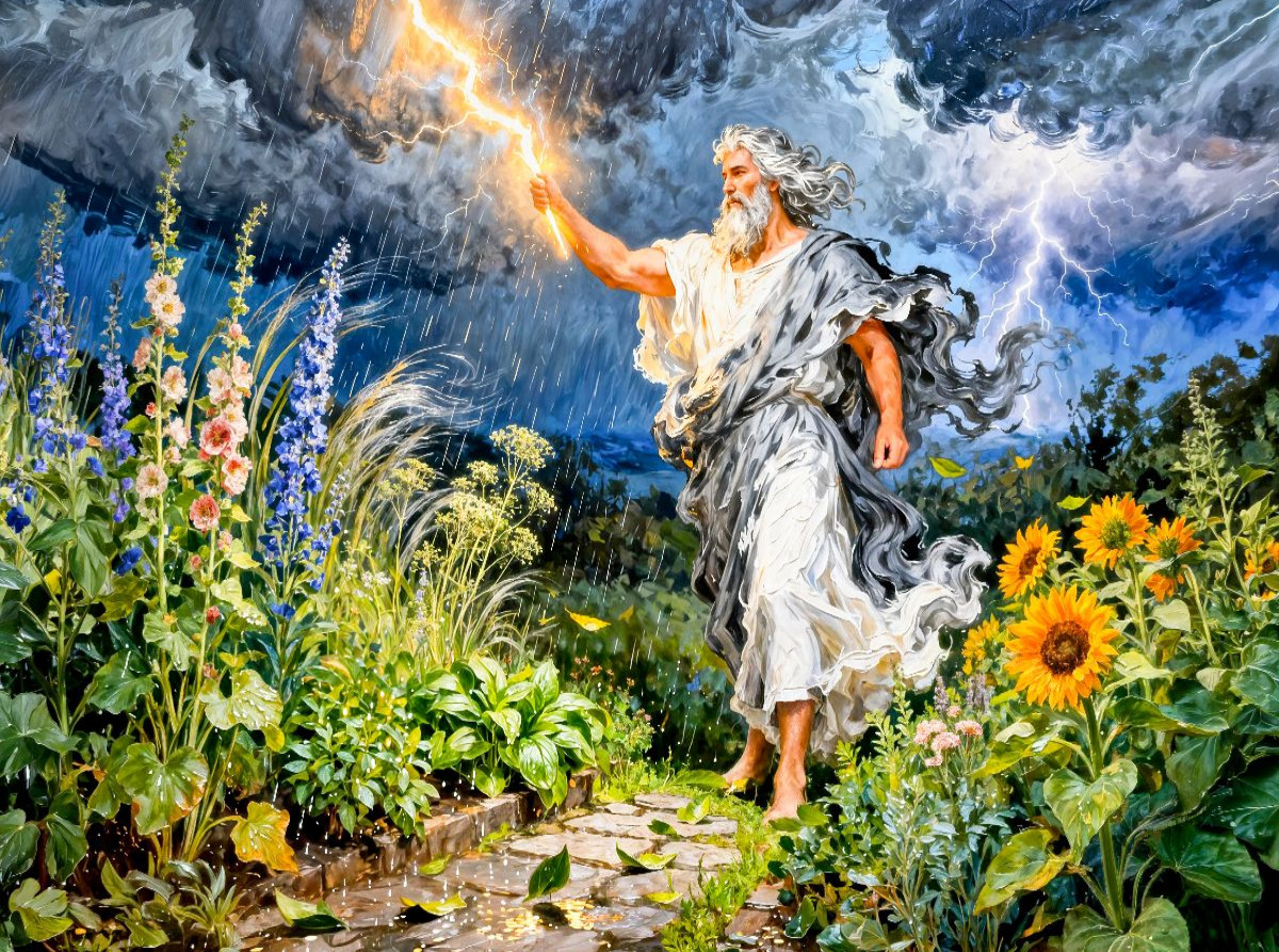 Zeus – Griechischer Gott des Sommergewitters im Garten