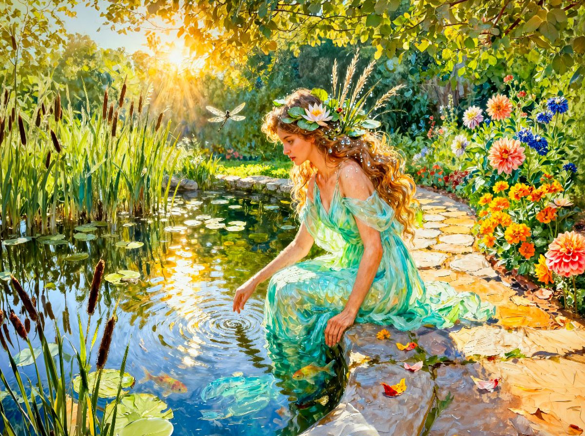 Naiade – Nymphe der Quellen im lichten Wassergarten