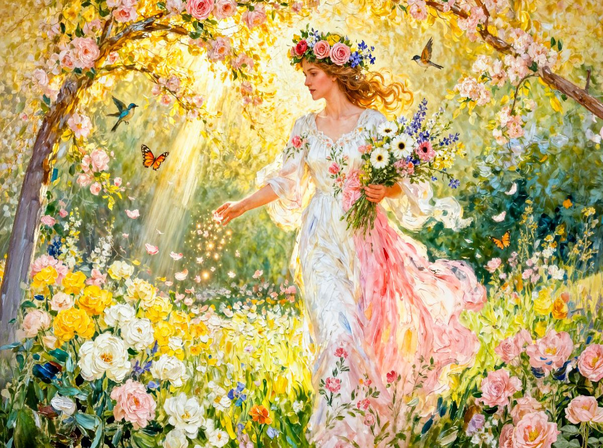 Flores – Göttin der Blütenfülle im sonnigen Garten