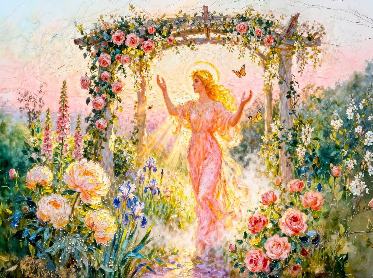 Eos – Griechische Göttin der Morgenröte im Rosengarten