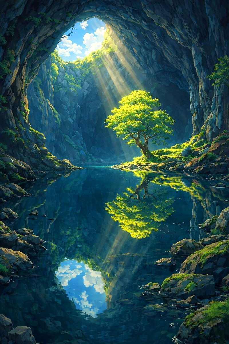 Einsamer Baum in der Höhle - wie im Anime Zeichentrickfilm