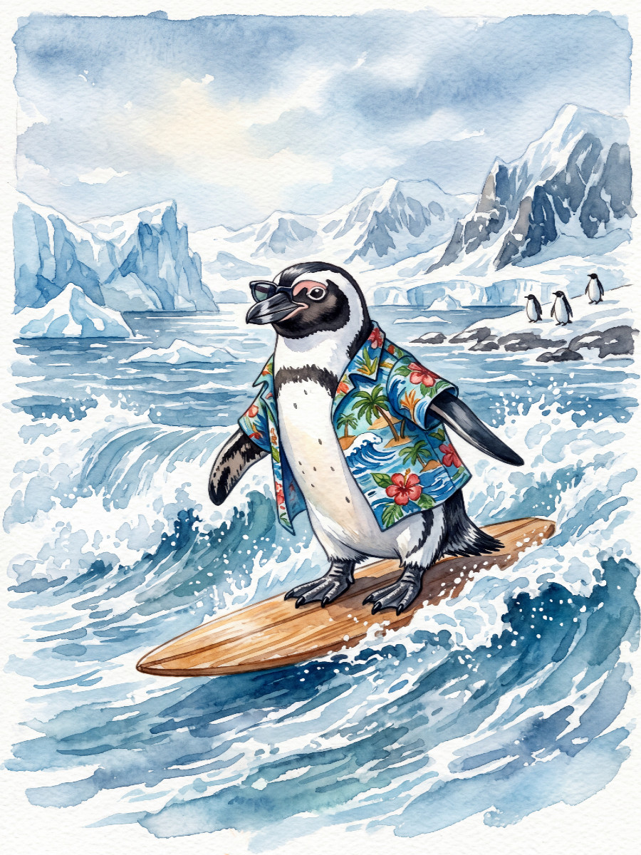Pinguin beim Surfen