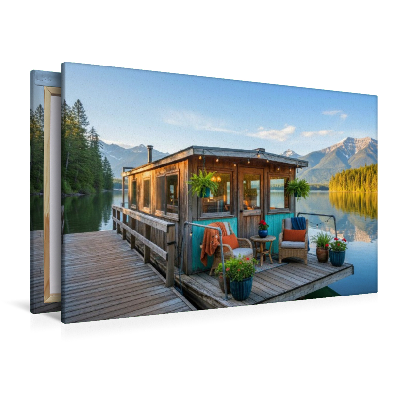 Hausboot an einem Anlegesteg auf einem Bergsee