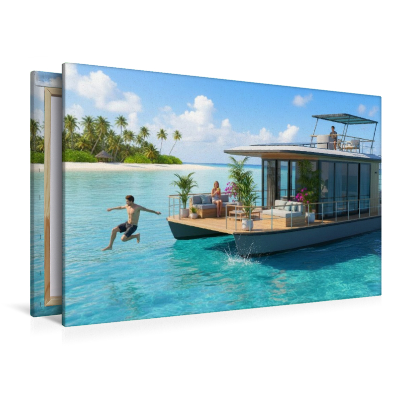 Hausboot vor einer tropischen Insel