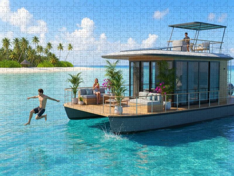 Hausboot vor einer tropischen Insel