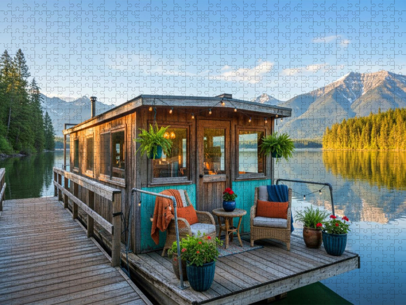 Hausboot an einem Anlegesteg auf einem Bergsee
