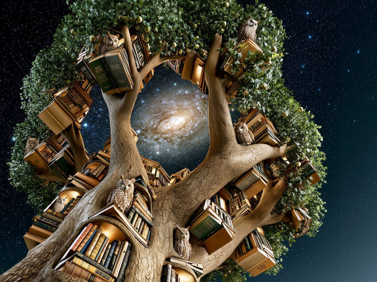 Der Eulen-Bücher-Spiralgalaxie-Baum