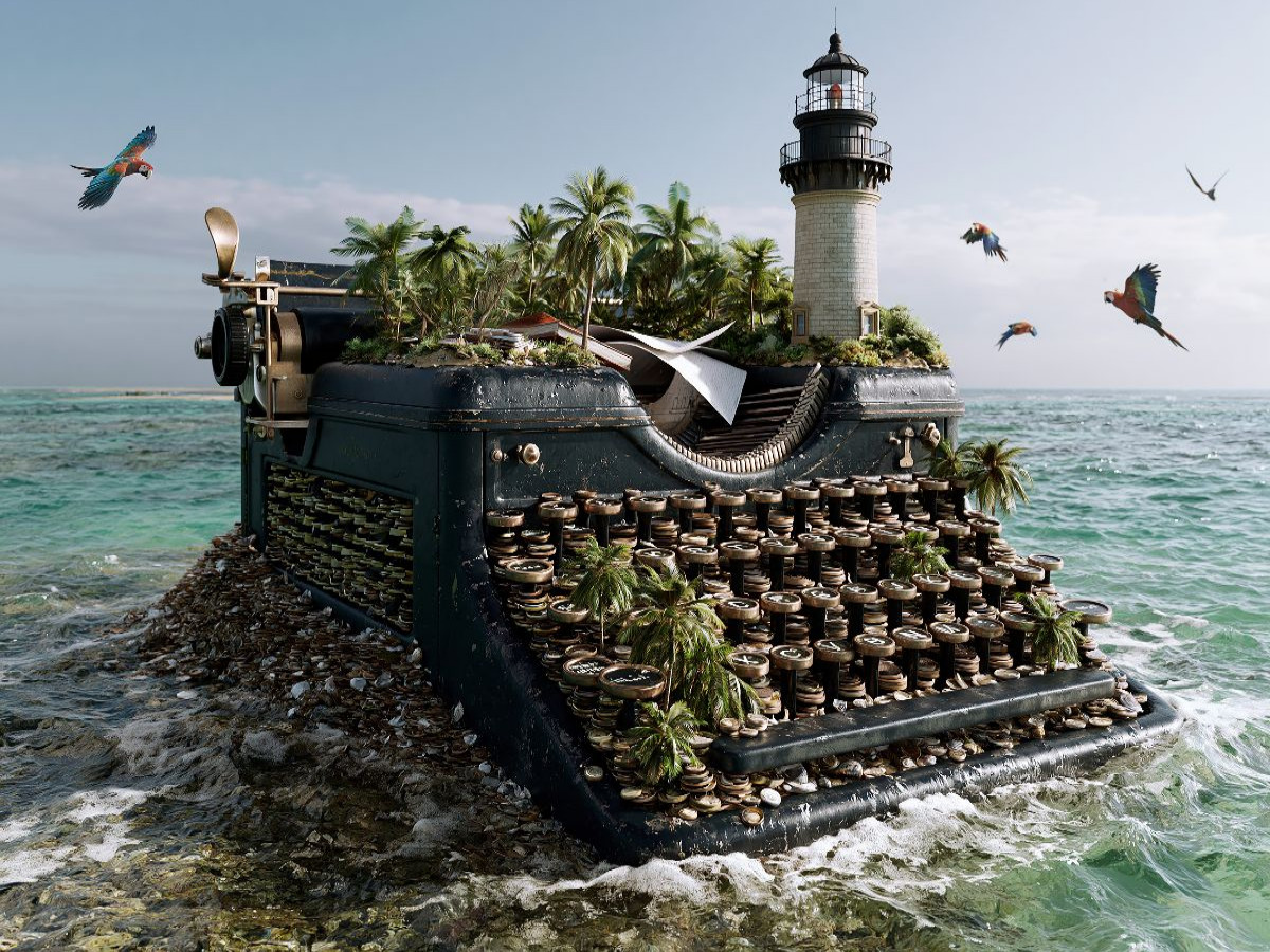 Die Leuchtturm-Papageien-Schreibmaschineninsel