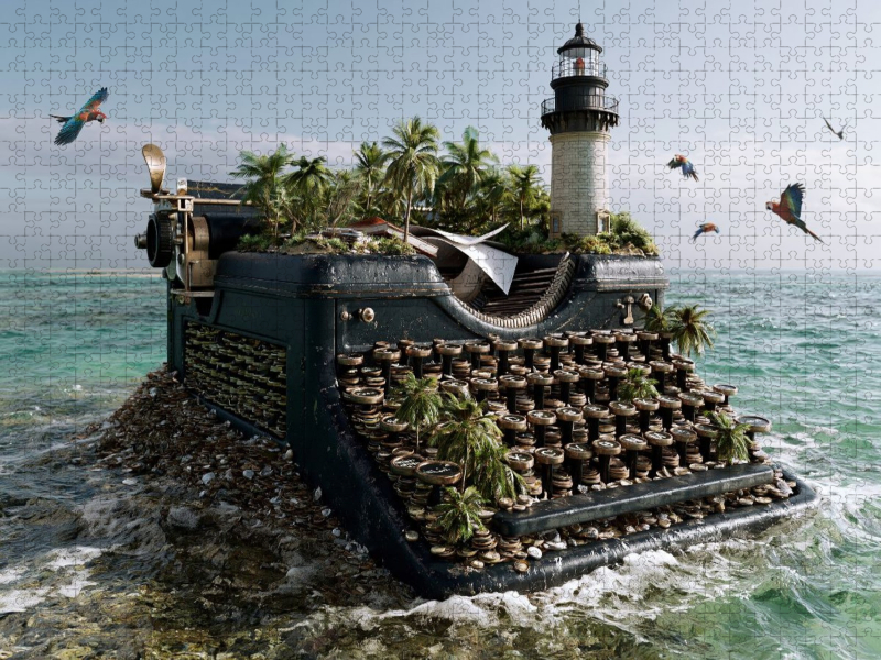 Die Leuchtturm-Papageien-Schreibmaschineninsel