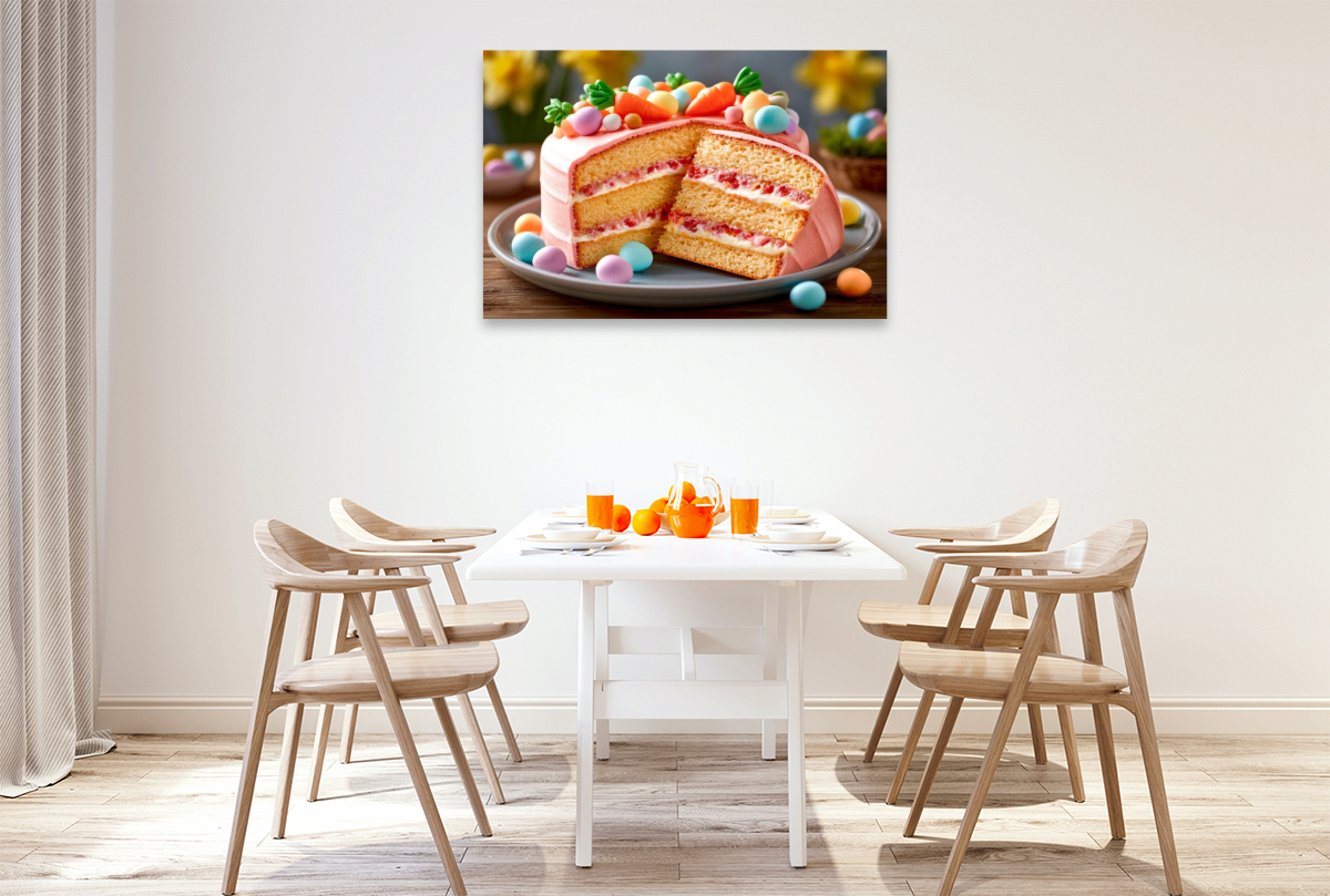 Ein Osterkuchen mit Schichten aus Biskuit und einer Füllung aus Himbeer-Frischkäsecreme.