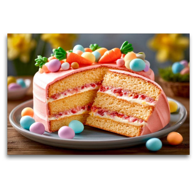 Ein Osterkuchen mit Schichten aus Biskuit und einer Füllung aus Himbeer-Frischkäsecreme.