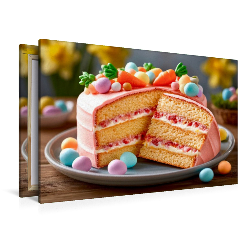 Ein Osterkuchen mit Schichten aus Biskuit und einer Füllung aus Himbeer-Frischkäsecreme.