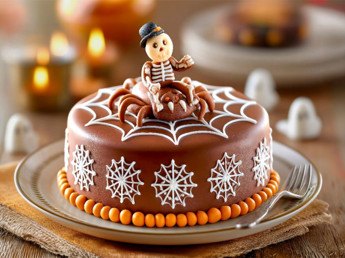 Eine Halloween-Schokoladentorte mit einem furchterregenden Marzipan Skelett auf einer Marzipan-Spinne