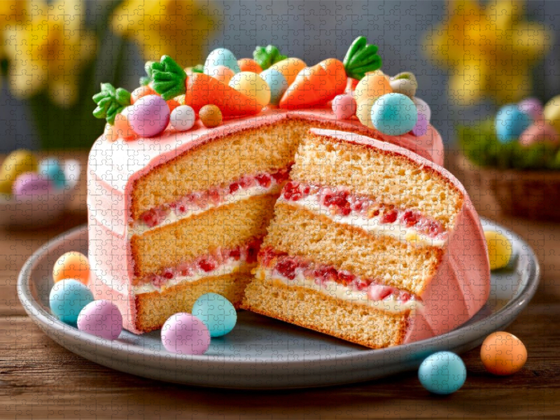 Ein Osterkuchen mit Schichten aus Biskuit und einer Füllung aus Himbeer-Frischkäsecreme.