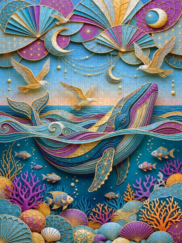Wal und Möwen - farbenfrohe Collage